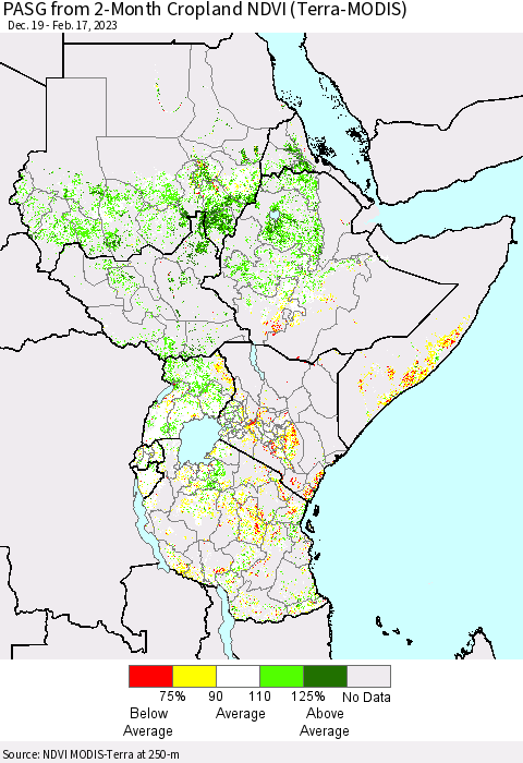Eastern Africa PASG from 2-Month Cropland NDVI (Terra-MODIS) Thematic Map For 2/10/2023 - 2/17/2023