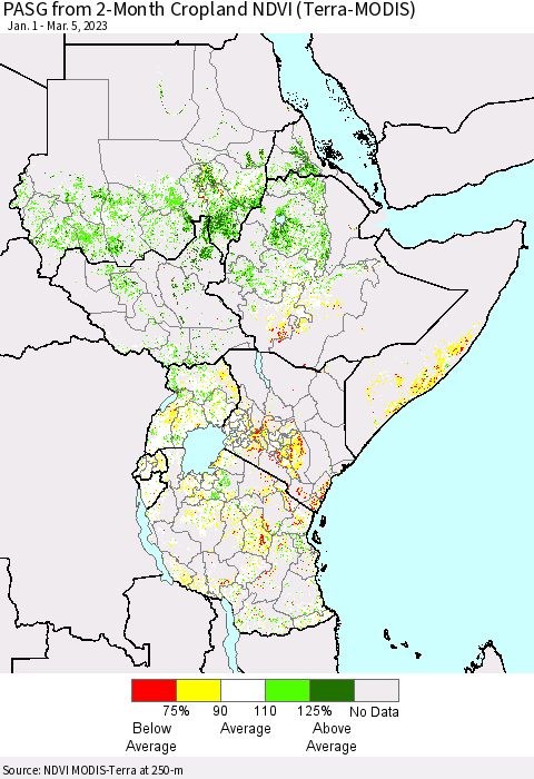 Eastern Africa PASG from 2-Month Cropland NDVI (Terra-MODIS) Thematic Map For 2/26/2023 - 3/5/2023