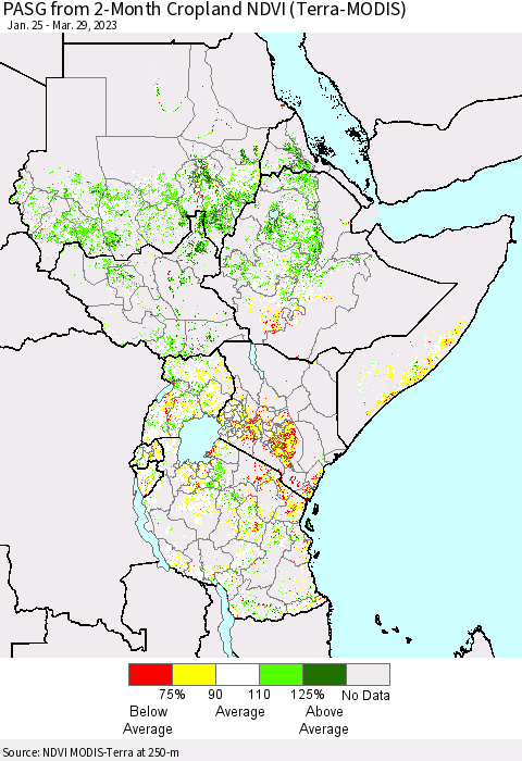 Eastern Africa PASG from 2-Month Cropland NDVI (Terra-MODIS) Thematic Map For 3/22/2023 - 3/29/2023
