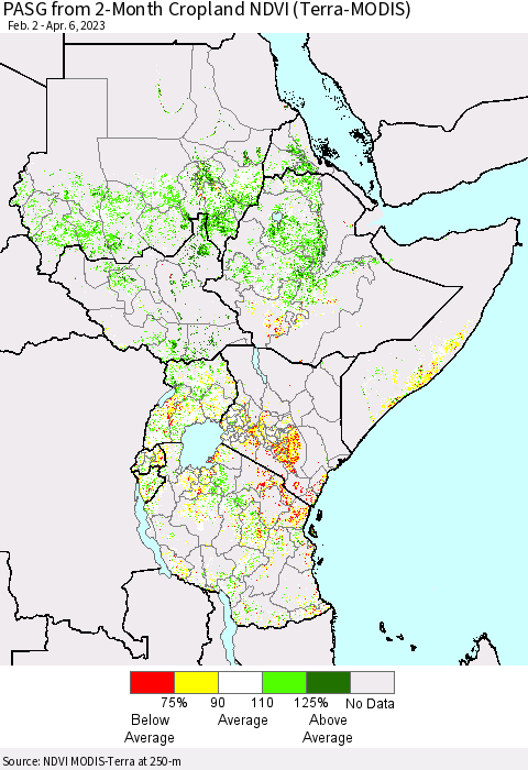 Eastern Africa PASG from 2-Month Cropland NDVI (Terra-MODIS) Thematic Map For 3/30/2023 - 4/6/2023
