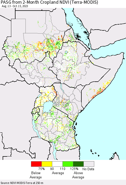 Eastern Africa PASG from 2-Month Cropland NDVI (Terra-MODIS) Thematic Map For 10/8/2023 - 10/15/2023