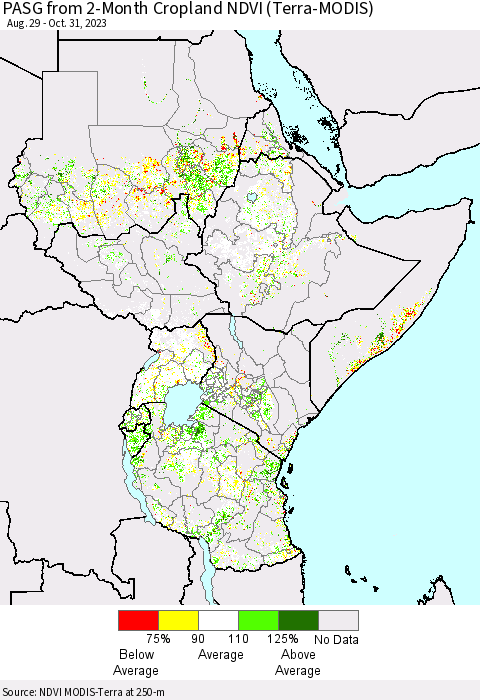 Eastern Africa PASG from 2-Month Cropland NDVI (Terra-MODIS) Thematic Map For 10/24/2023 - 10/31/2023