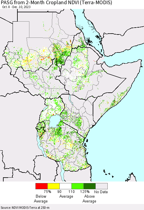 Eastern Africa PASG from 2-Month Cropland NDVI (Terra-MODIS) Thematic Map For 12/3/2023 - 12/10/2023
