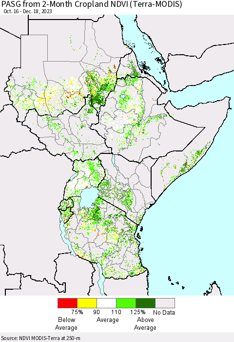 Eastern Africa PASG from 2-Month Cropland NDVI (Terra-MODIS) Thematic Map For 12/11/2023 - 12/18/2023