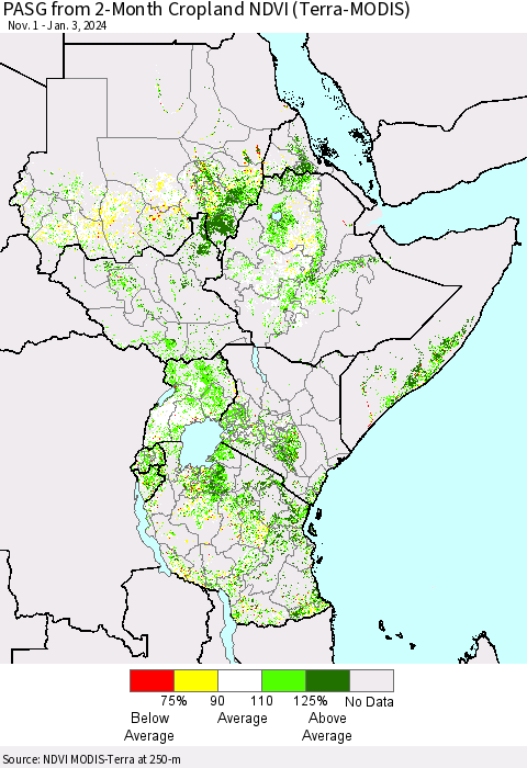 Eastern Africa PASG from 2-Month Cropland NDVI (Terra-MODIS) Thematic Map For 12/27/2023 - 1/3/2024