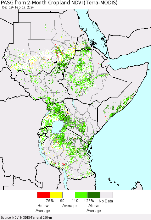 Eastern Africa PASG from 2-Month Cropland NDVI (Terra-MODIS) Thematic Map For 2/10/2024 - 2/17/2024