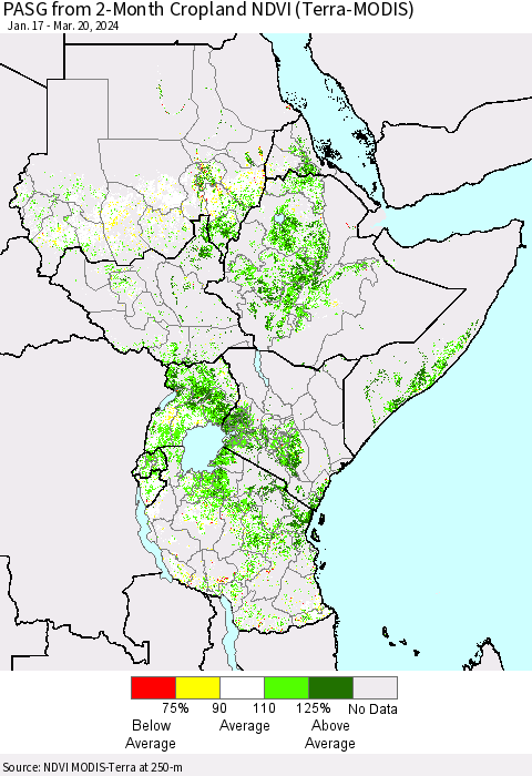 Eastern Africa PASG from 2-Month Cropland NDVI (Terra-MODIS) Thematic Map For 3/13/2024 - 3/20/2024