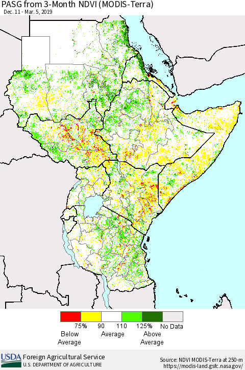 Eastern Africa PASG from 3-Month NDVI (Terra-MODIS) Thematic Map For 3/1/2019 - 3/10/2019