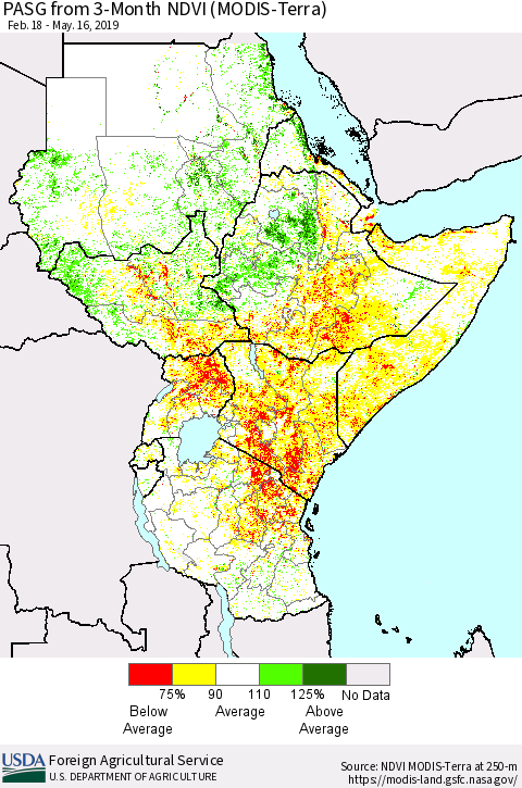Eastern Africa PASG from 3-Month NDVI (Terra-MODIS) Thematic Map For 5/11/2019 - 5/20/2019