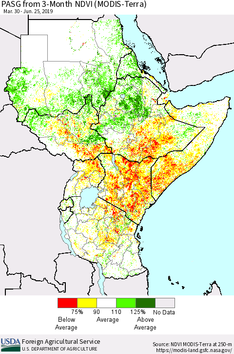 Eastern Africa PASG from 3-Month NDVI (Terra-MODIS) Thematic Map For 6/21/2019 - 6/30/2019