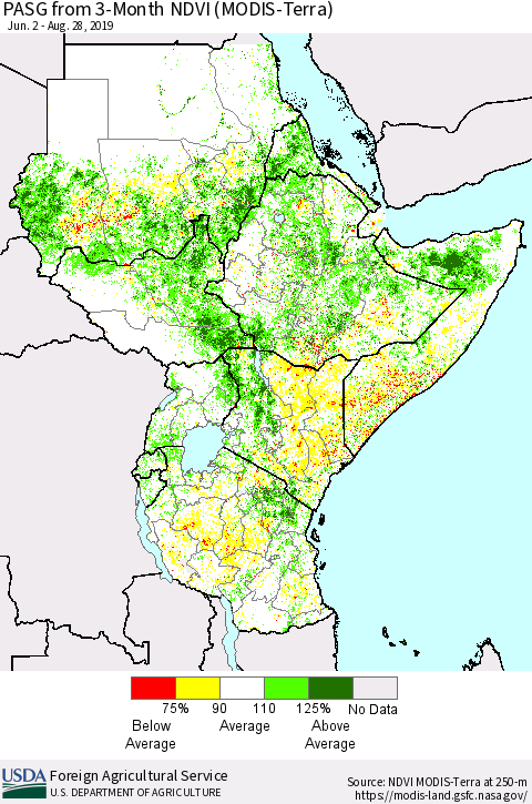 Eastern Africa PASG from 3-Month NDVI (Terra-MODIS) Thematic Map For 8/21/2019 - 8/31/2019