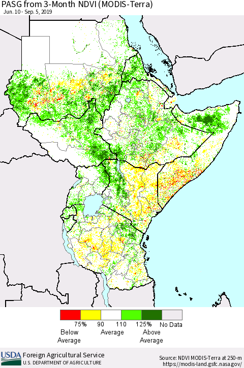 Eastern Africa PASG from 3-Month NDVI (Terra-MODIS) Thematic Map For 9/1/2019 - 9/10/2019