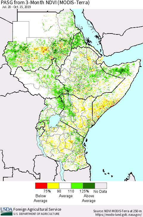 Eastern Africa PASG from 3-Month NDVI (Terra-MODIS) Thematic Map For 10/11/2019 - 10/20/2019