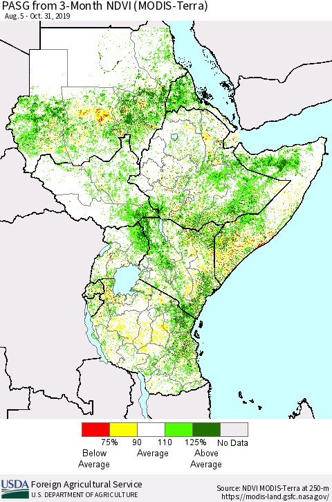 Eastern Africa PASG from 3-Month NDVI (Terra-MODIS) Thematic Map For 10/21/2019 - 10/31/2019