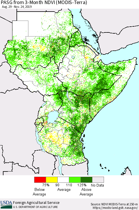 Eastern Africa PASG from 3-Month NDVI (Terra-MODIS) Thematic Map For 11/21/2019 - 11/30/2019