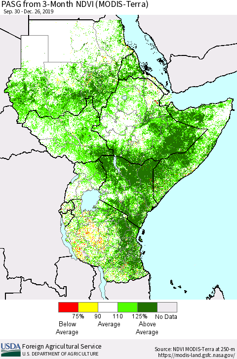 Eastern Africa PASG from 3-Month NDVI (Terra-MODIS) Thematic Map For 12/21/2019 - 12/31/2019