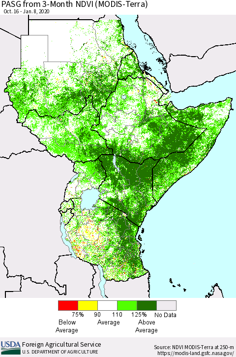Eastern Africa PASG from 3-Month NDVI (Terra-MODIS) Thematic Map For 1/1/2020 - 1/10/2020