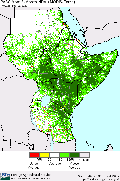 Eastern Africa PASG from 3-Month NDVI (Terra-MODIS) Thematic Map For 2/11/2020 - 2/20/2020