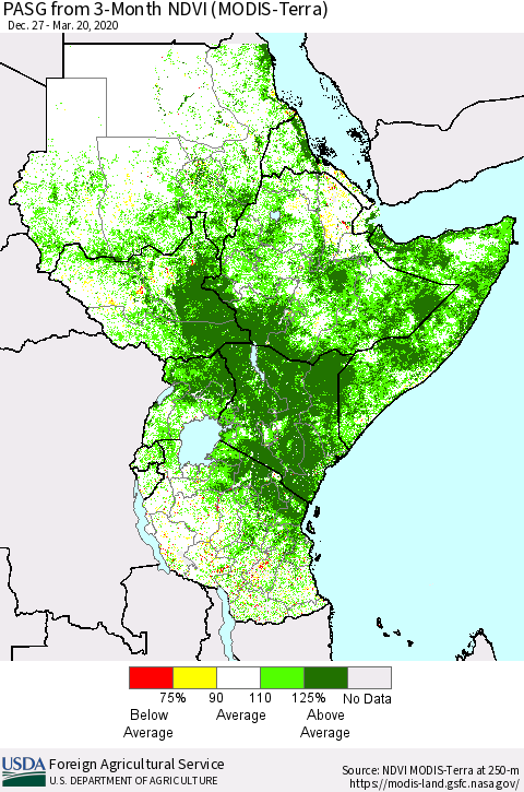 Eastern Africa PASG from 3-Month NDVI (Terra-MODIS) Thematic Map For 3/11/2020 - 3/20/2020