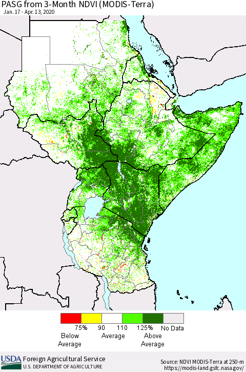 Eastern Africa PASG from 3-Month NDVI (Terra-MODIS) Thematic Map For 4/11/2020 - 4/20/2020