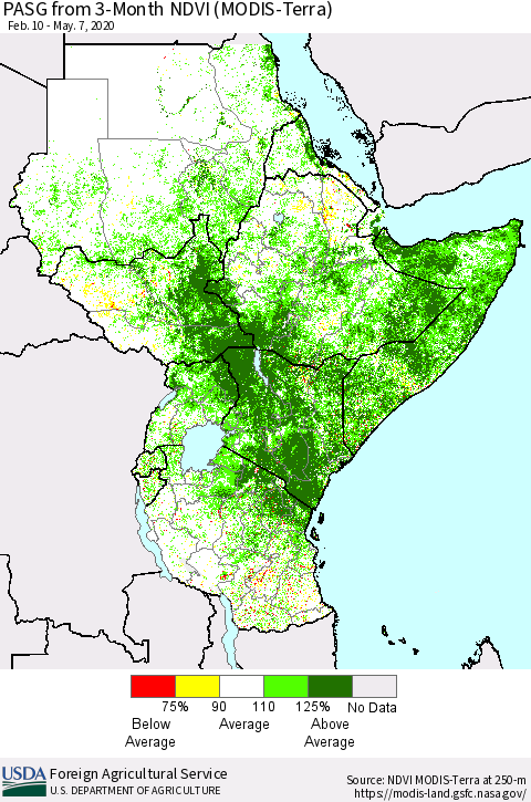 Eastern Africa PASG from 3-Month NDVI (Terra-MODIS) Thematic Map For 5/1/2020 - 5/10/2020