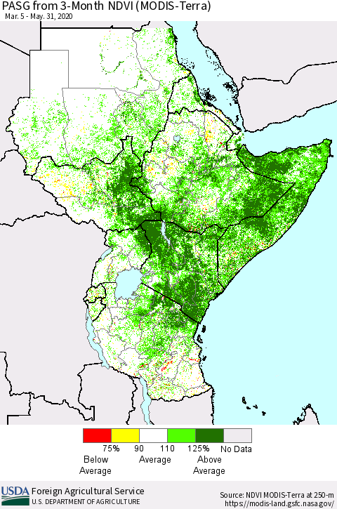 Eastern Africa PASG from 3-Month NDVI (Terra-MODIS) Thematic Map For 5/21/2020 - 5/31/2020
