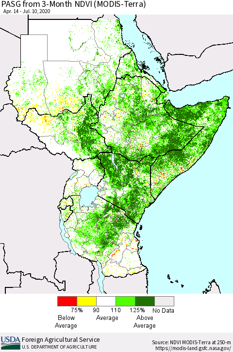 Eastern Africa PASG from 3-Month NDVI (Terra-MODIS) Thematic Map For 7/1/2020 - 7/10/2020
