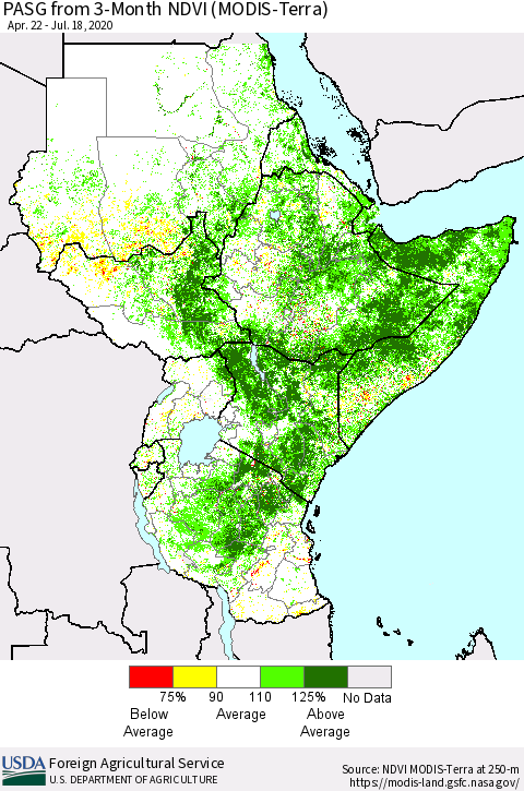 Eastern Africa PASG from 3-Month NDVI (Terra-MODIS) Thematic Map For 7/11/2020 - 7/20/2020