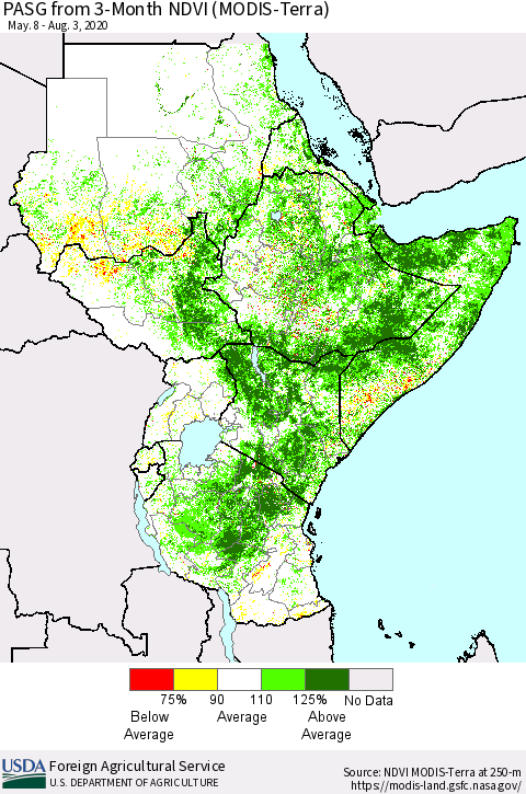 Eastern Africa PASG from 3-Month NDVI (Terra-MODIS) Thematic Map For 8/1/2020 - 8/10/2020