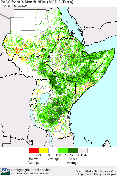 Eastern Africa PASG from 3-Month NDVI (Terra-MODIS) Thematic Map For 8/11/2020 - 8/20/2020
