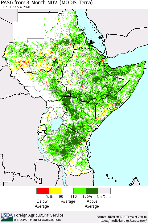 Eastern Africa PASG from 3-Month NDVI (Terra-MODIS) Thematic Map For 9/1/2020 - 9/10/2020