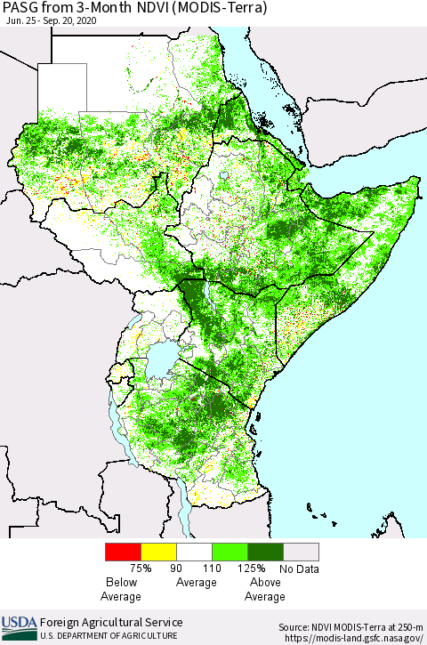 Eastern Africa PASG from 3-Month NDVI (Terra-MODIS) Thematic Map For 9/11/2020 - 9/20/2020