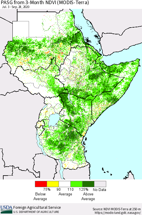 Eastern Africa PASG from 3-Month NDVI (Terra-MODIS) Thematic Map For 9/21/2020 - 9/30/2020