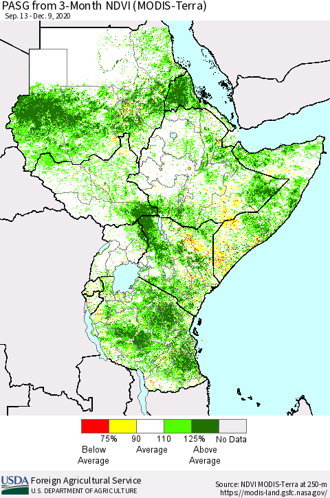 Eastern Africa PASG from 3-Month NDVI (Terra-MODIS) Thematic Map For 12/1/2020 - 12/10/2020