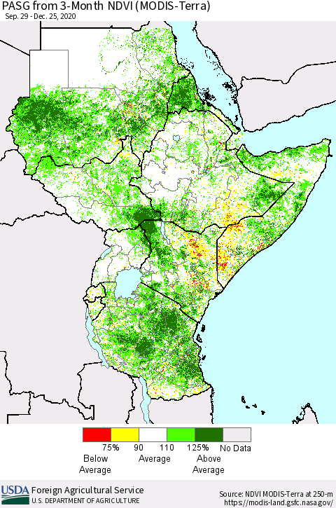 Eastern Africa PASG from 3-Month NDVI (Terra-MODIS) Thematic Map For 12/21/2020 - 12/31/2020