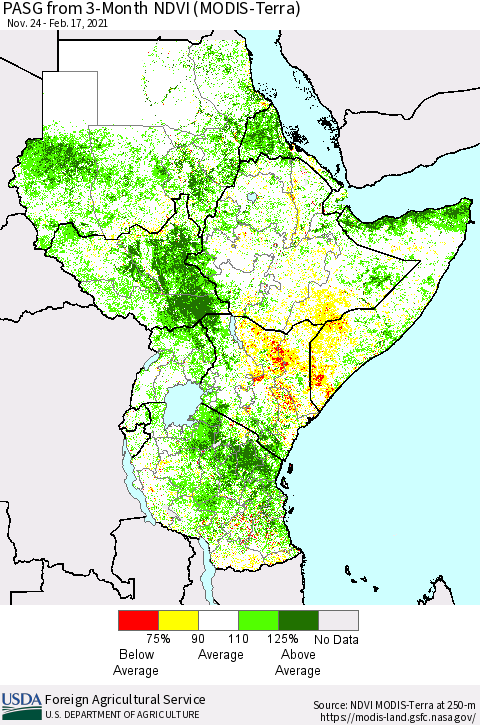 Eastern Africa PASG from 3-Month NDVI (Terra-MODIS) Thematic Map For 2/11/2021 - 2/20/2021