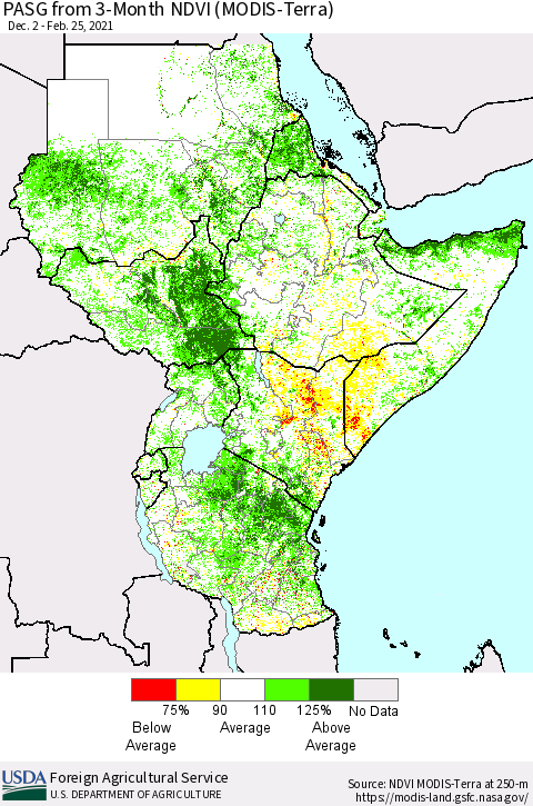 Eastern Africa PASG from 3-Month NDVI (Terra-MODIS) Thematic Map For 2/21/2021 - 2/28/2021