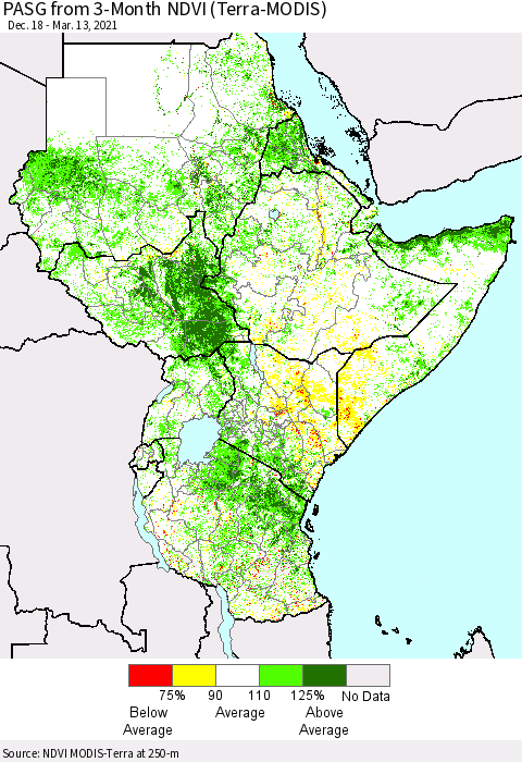 Eastern Africa PASG from 3-Month NDVI (Terra-MODIS) Thematic Map For 3/6/2021 - 3/13/2021