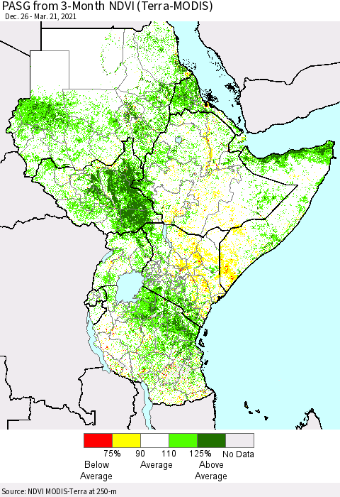 Eastern Africa PASG from 3-Month NDVI (Terra-MODIS) Thematic Map For 3/14/2021 - 3/21/2021