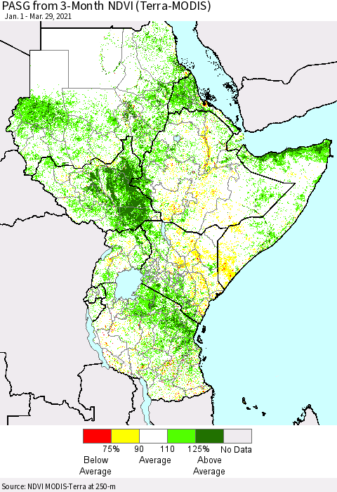 Eastern Africa PASG from 3-Month NDVI (Terra-MODIS) Thematic Map For 3/22/2021 - 3/29/2021