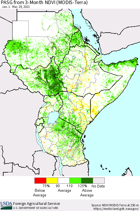 Eastern Africa PASG from 3-Month NDVI (Terra-MODIS) Thematic Map For 3/21/2021 - 3/31/2021