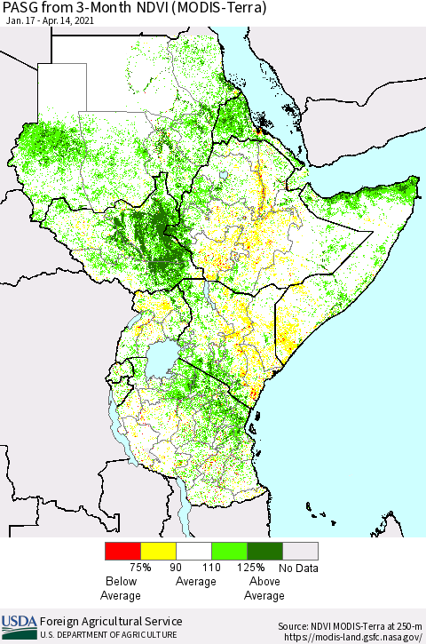 Eastern Africa PASG from 3-Month NDVI (Terra-MODIS) Thematic Map For 4/11/2021 - 4/20/2021