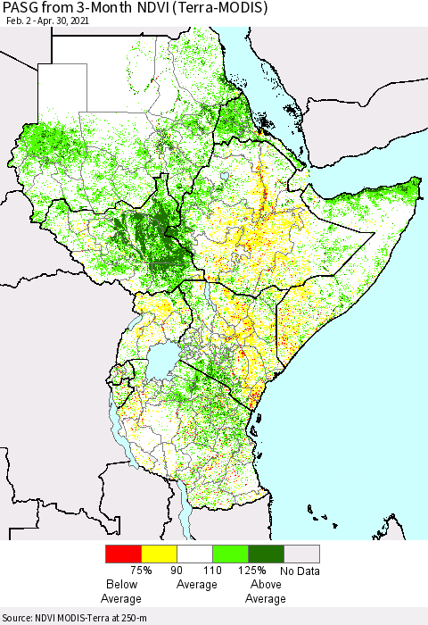 Eastern Africa PASG from 3-Month NDVI (Terra-MODIS) Thematic Map For 4/21/2021 - 4/30/2021