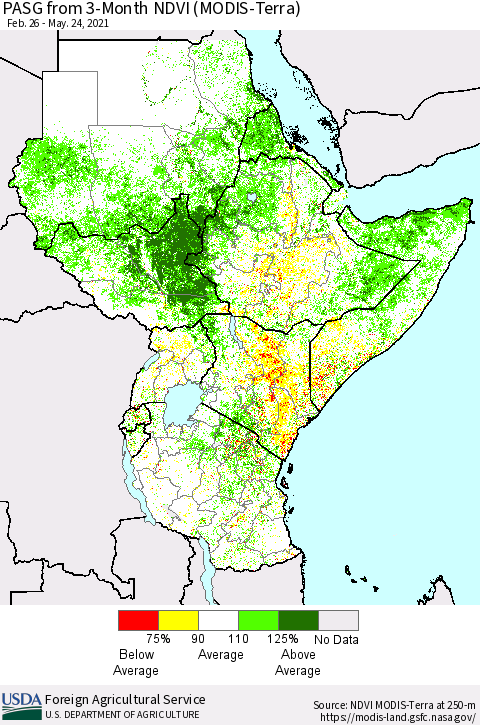 Eastern Africa PASG from 3-Month NDVI (Terra-MODIS) Thematic Map For 5/21/2021 - 5/31/2021