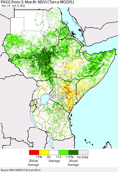 Eastern Africa PASG from 3-Month NDVI (Terra-MODIS) Thematic Map For 6/2/2021 - 6/9/2021