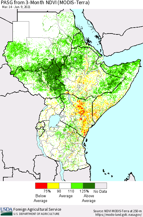 Eastern Africa PASG from 3-Month NDVI (Terra-MODIS) Thematic Map For 6/1/2021 - 6/10/2021