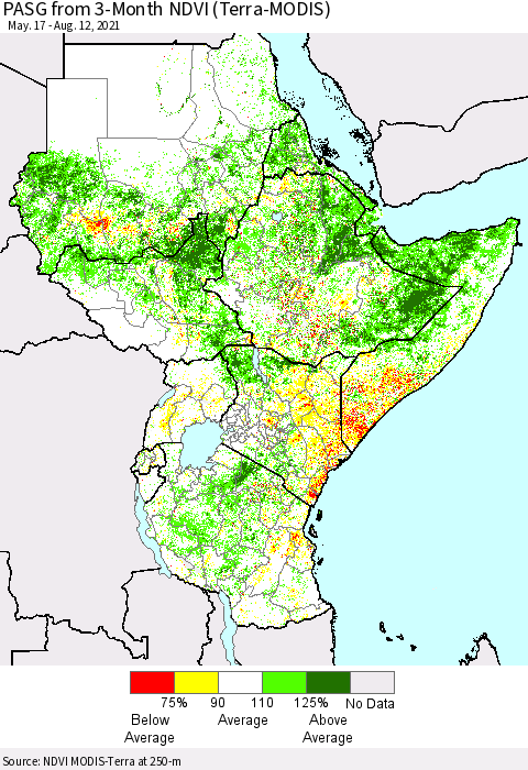 Eastern Africa PASG from 3-Month NDVI (Terra-MODIS) Thematic Map For 8/5/2021 - 8/12/2021