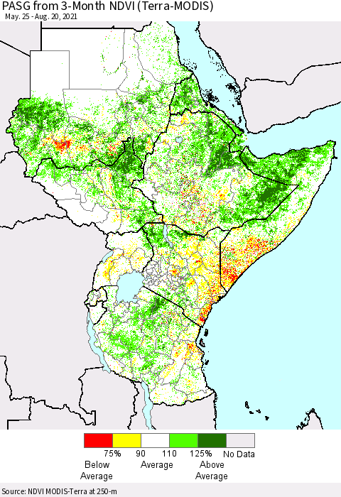 Eastern Africa PASG from 3-Month NDVI (Terra-MODIS) Thematic Map For 8/11/2021 - 8/20/2021