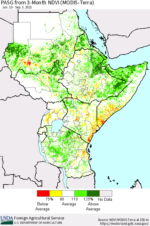 Eastern Africa PASG from 3-Month NDVI (Terra-MODIS) Thematic Map For 9/1/2021 - 9/10/2021