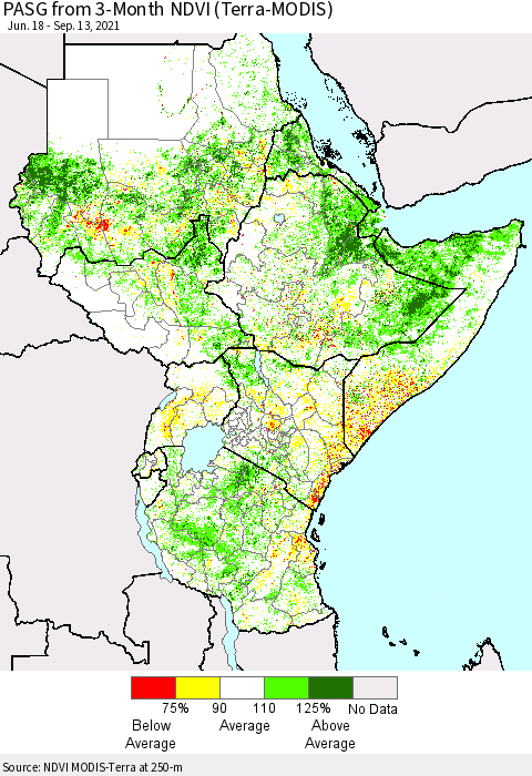 Eastern Africa PASG from 3-Month NDVI (Terra-MODIS) Thematic Map For 9/6/2021 - 9/13/2021